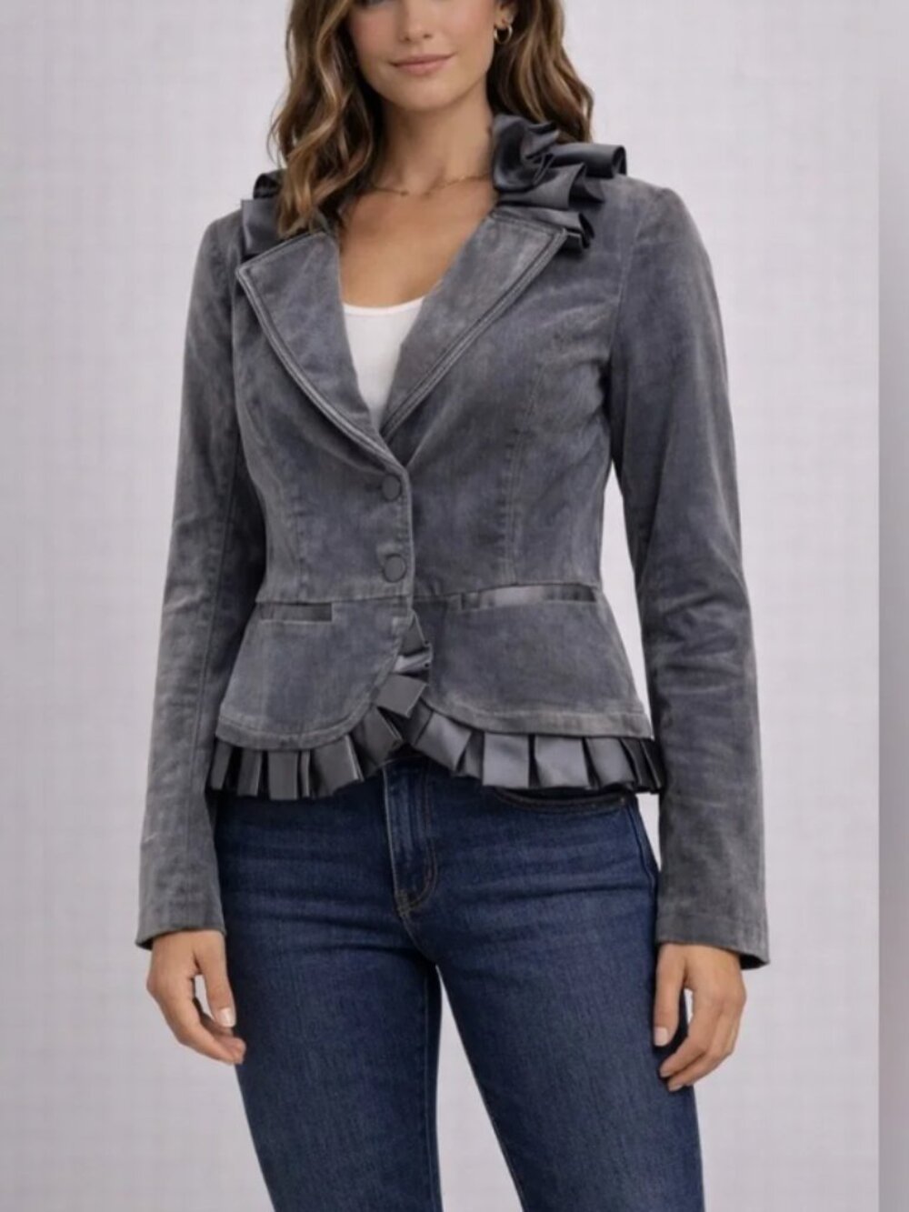 White House Black Market Gray Velvet Ruffle-Trim Blazer